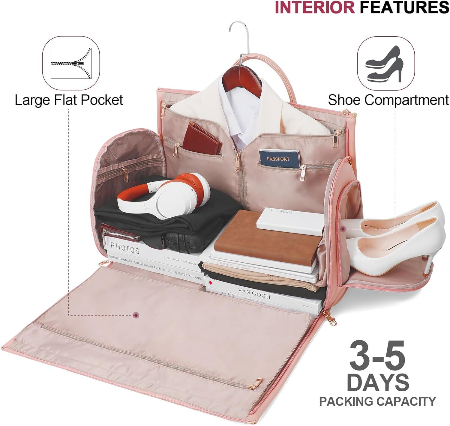 imageModoker Garment Bags for Travel Carry on Suit Bags for Airplanes Duffle Bag for Women2 in 1 Personal Item Travel Weekender Bag with Bag TagKhakiRolling Pink