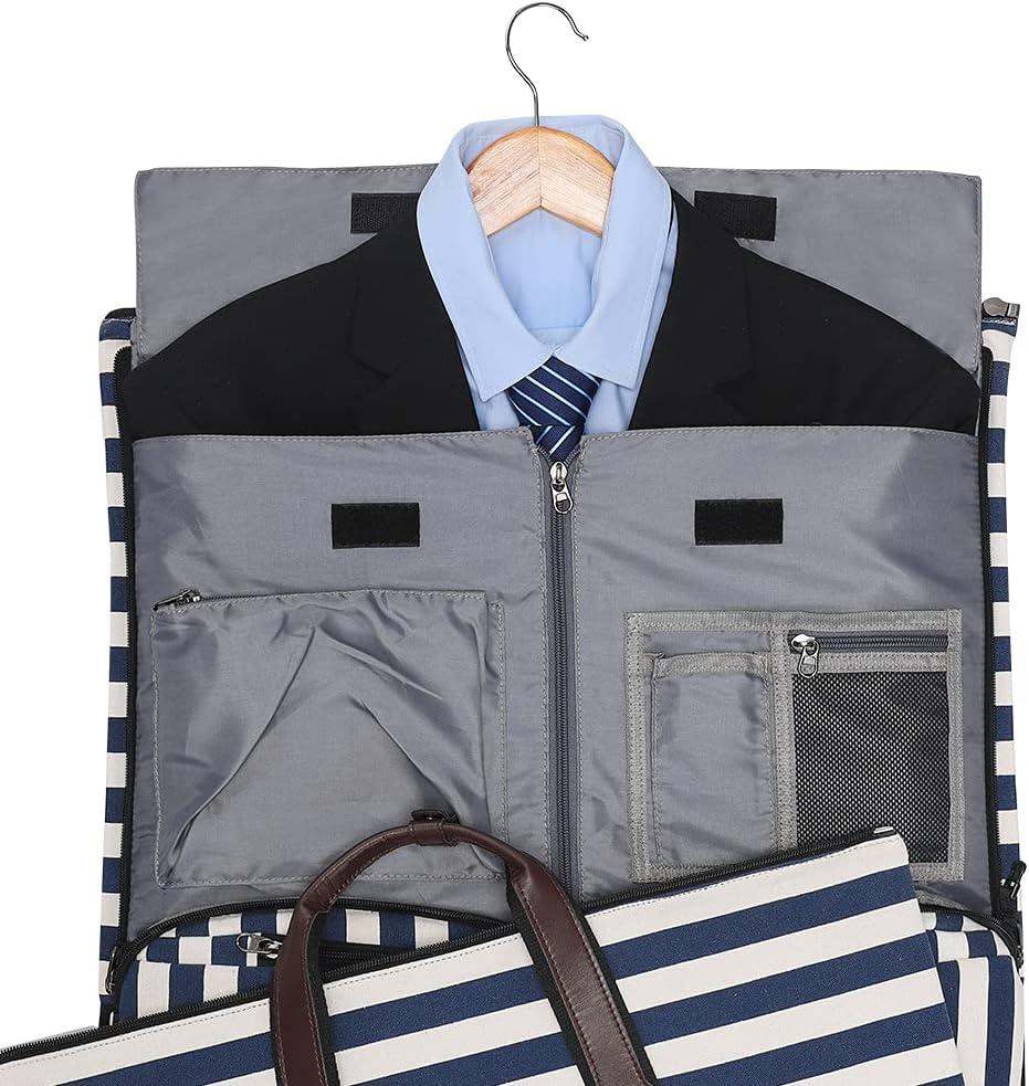imageModoker Garment Bags for Travel Carry on Suit Bags for Airplanes Duffle Bag for Women2 in 1 Personal Item Travel Weekender Bag with Bag TagKhakiStriped Blue