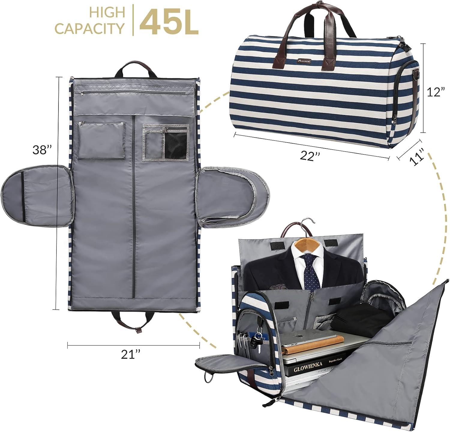 imageModoker Garment Bags for Travel Carry on Suit Bags for Airplanes Duffle Bag for Women2 in 1 Personal Item Travel Weekender Bag with Bag TagKhakiStriped Blue