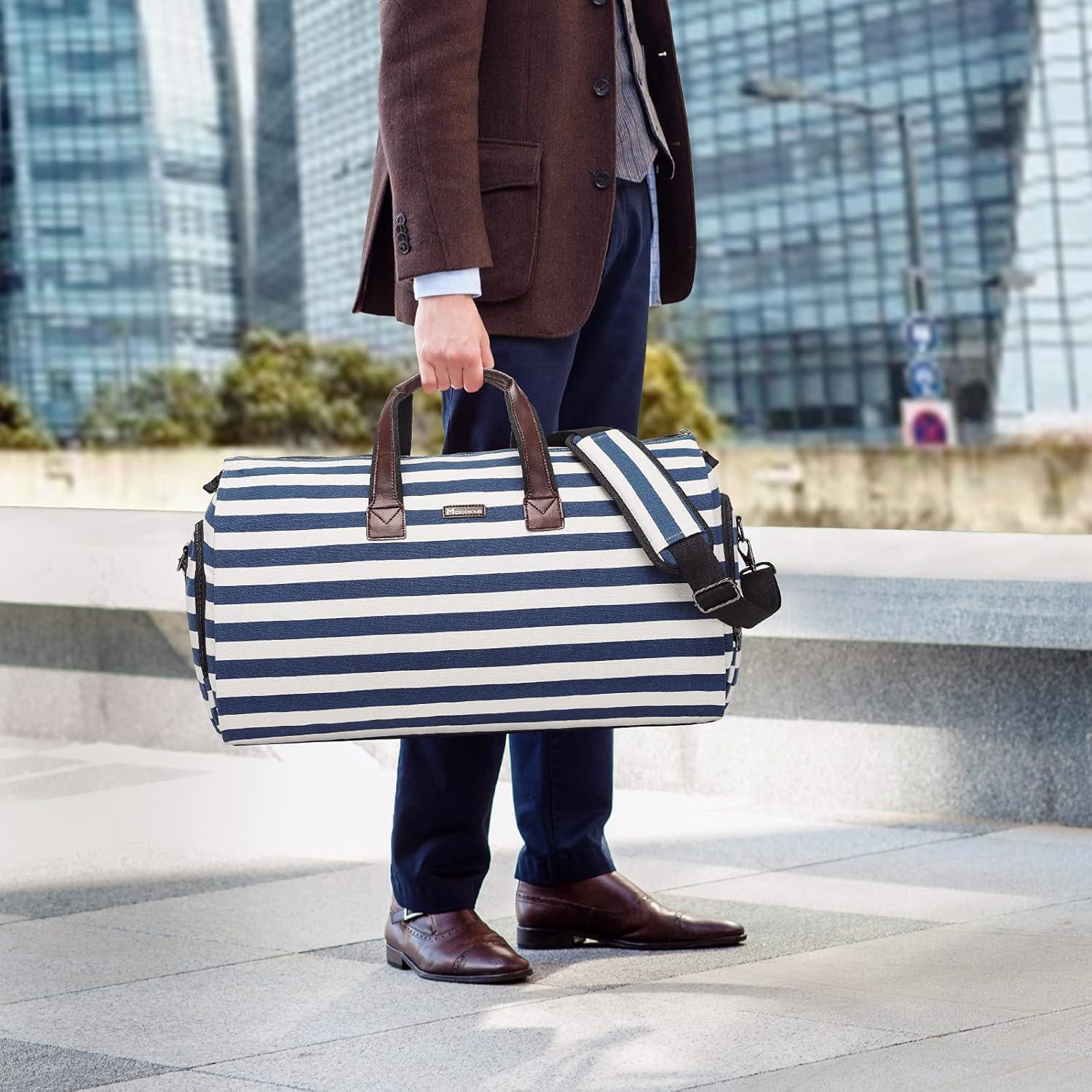 imageModoker Garment Bags for Travel Carry on Suit Bags for Airplanes Duffle Bag for Women2 in 1 Personal Item Travel Weekender Bag with Bag TagKhakiStriped Blue