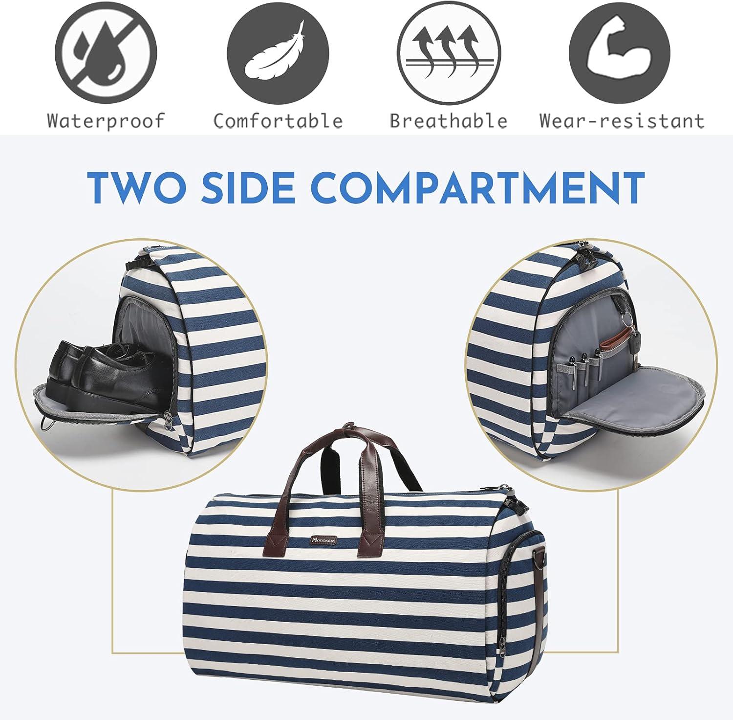 imageModoker Garment Bags for Travel Carry on Suit Bags for Airplanes Duffle Bag for Women2 in 1 Personal Item Travel Weekender Bag with Bag TagKhakiStriped Blue