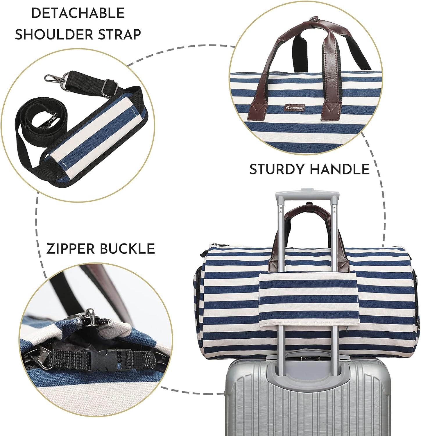 imageModoker Garment Bags for Travel Carry on Suit Bags for Airplanes Duffle Bag for Women2 in 1 Personal Item Travel Weekender Bag with Bag TagKhakiStriped Blue