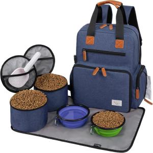 imageModoker Dog Travel Bag Airline Approved Backpack for Pet Accessories Organizer Tote Weekend Bag with 2 Dog Food Storage Containers 2 Collapsible Dog Bowls 1 Pet Mat GreyBlue