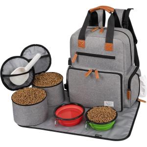 imageModoker Dog Travel Bag Airline Approved Backpack for Pet Accessories Organizer Tote Weekend Bag with 2 Dog Food Storage Containers 2 Collapsible Dog Bowls 1 Pet Mat GreyGrey
