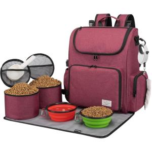 imageModoker Dog Travel Bag Backpack Airline Approved Pet Accessories Organizer for Dog and Cat with Shoulder Strap 2 Dog Food Storage Containers 2 Collapsible Dog Bowls1 Pet Mat Rose RedRose Red