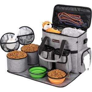 imageModoker Dog Travel Organizer with 2 Collapsible Dog Bowls for Supplies ampamp Accessories Airline Approved Dog Tote Pet Travel Bag with 2 Travel Dog Food ContainerSGrey