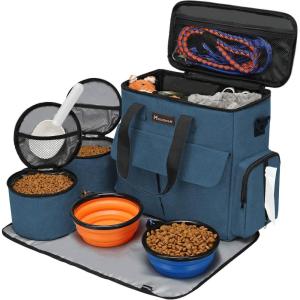 imageModoker Dog Travel Organizer with 2 Collapsible Dog Bowls for Supplies ampamp Accessories Airline Approved Dog Tote Pet Travel Bag with 2 Travel Dog Food ContainerBlue