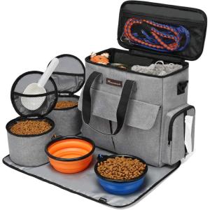 imageModoker Dog Travel Organizer with 2 Collapsible Dog Bowls for Supplies ampamp Accessories Airline Approved Dog Tote Pet Travel Bag with 2 Travel Dog Food ContainerAsh Grey