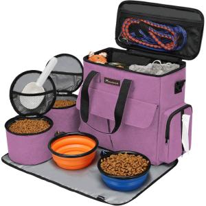 imageModoker Dog Travel Organizer with 2 Collapsible Dog Bowls for Supplies ampamp Accessories Airline Approved Dog Tote Pet Travel Bag with 2 Travel Dog Food ContainerPink