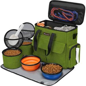 imageModoker Dog Travel Organizer with 2 Collapsible Dog Bowls for Supplies ampamp Accessories Airline Approved Dog Tote Pet Travel Bag with 2 Travel Dog Food ContainerGreen