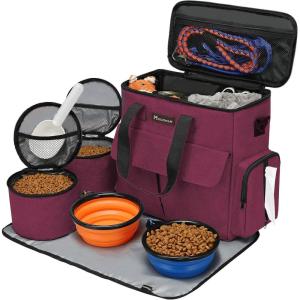 imageModoker Dog Travel Organizer with 2 Collapsible Dog Bowls for Supplies ampamp Accessories Airline Approved Dog Tote Pet Travel Bag with 2 Travel Dog Food ContainerRose Red