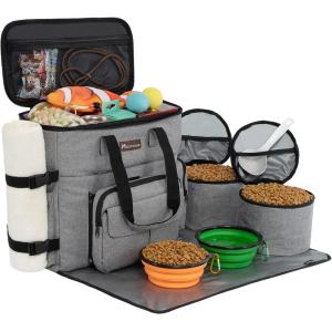 imageModoker Dog Travel Organizer with 2 Collapsible Dog Bowls for Supplies ampamp Accessories Airline Approved Dog Tote Pet Travel Bag with 2 Travel Dog Food ContainerLight Grey