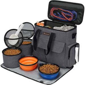 imageModoker Dog Travel Organizer with 2 Collapsible Dog Bowls for Supplies ampamp Accessories Airline Approved Dog Tote Pet Travel Bag with 2 Travel Dog Food ContainerDark Gray