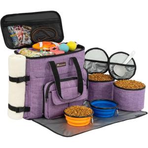 imageModoker Dog Travel Organizer with 2 Collapsible Dog Bowls for Supplies ampamp Accessories Airline Approved Dog Tote Pet Travel Bag with 2 Travel Dog Food ContainerSPurple
