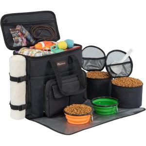 imageModoker Dog Travel Organizer with 2 Collapsible Dog Bowls for Supplies ampamp Accessories Airline Approved Dog Tote Pet Travel Bag with 2 Travel Dog Food ContainerBlack Charcoal