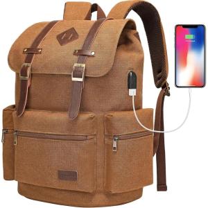 imageModoker Mens Canvas Vintage Backpack for MenWomen Travel Laptop Backpack Fits 17156 Inch Computer ampamp Tablet Large Bookbag Rucksack Backpack with USB Charging Port BlackBrown
