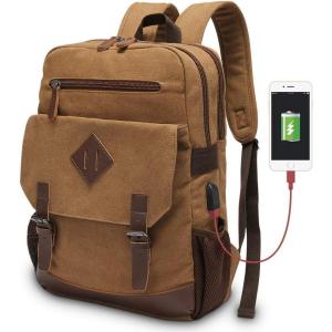 imageModoker Vintage Backpack for Men Women Canvas Bookpack Fits Most 156 Inches Computer and Tablets Rucksack Backpack with USB Charging Port GreyBrown