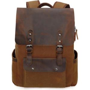 imageModoker Waxed Canvas Backpack Leather Rucksack Knapsack for Men Woman Satchel Backpack Vintage Travel Laptop Backpack 156 Inch Retro Flap Backpacks Canvas Casual Daypack PurpleBrown
