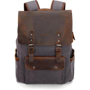 imageModoker Waxed Canvas Backpack Leather Rucksack Knapsack for Men Woman Satchel Backpack Vintage Travel Laptop Backpack 156 Inch Retro Flap Backpacks Canvas Casual Daypack PurplePurple