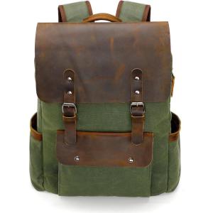 imageModoker Waxed Canvas Backpack Leather Rucksack Knapsack for Men Woman Satchel Backpack Vintage Travel Laptop Backpack 156 Inch Retro Flap Backpacks Canvas Casual Daypack PurpleGreen