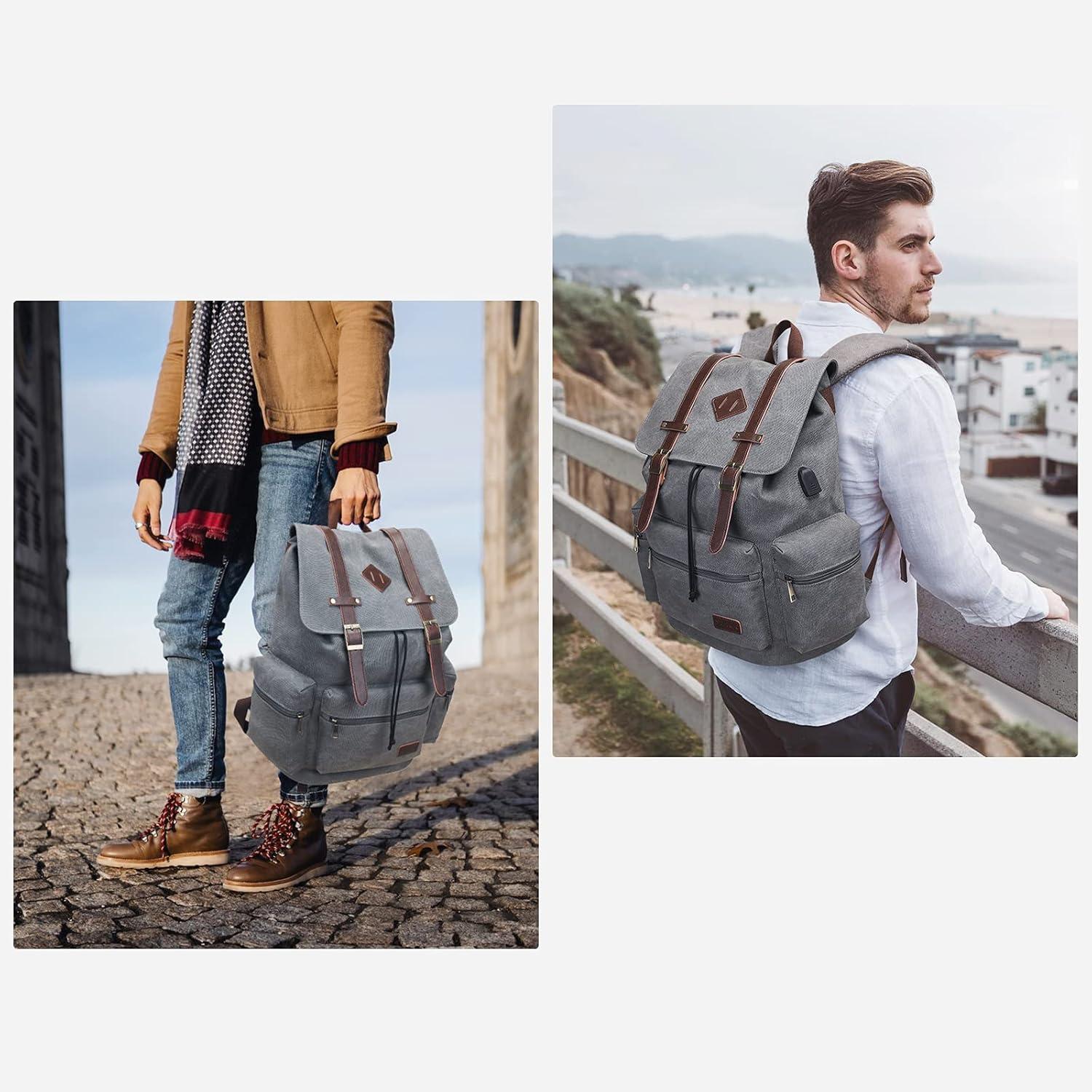 imageModoker Vintage Rucksack Backpack for Men Women 17 Inch Laptop Backpack  Travel or Work Bookbag Fits Computer ampamp Tablet Canvas Fashion Daypack with USB Charging Port in GreyGrey
