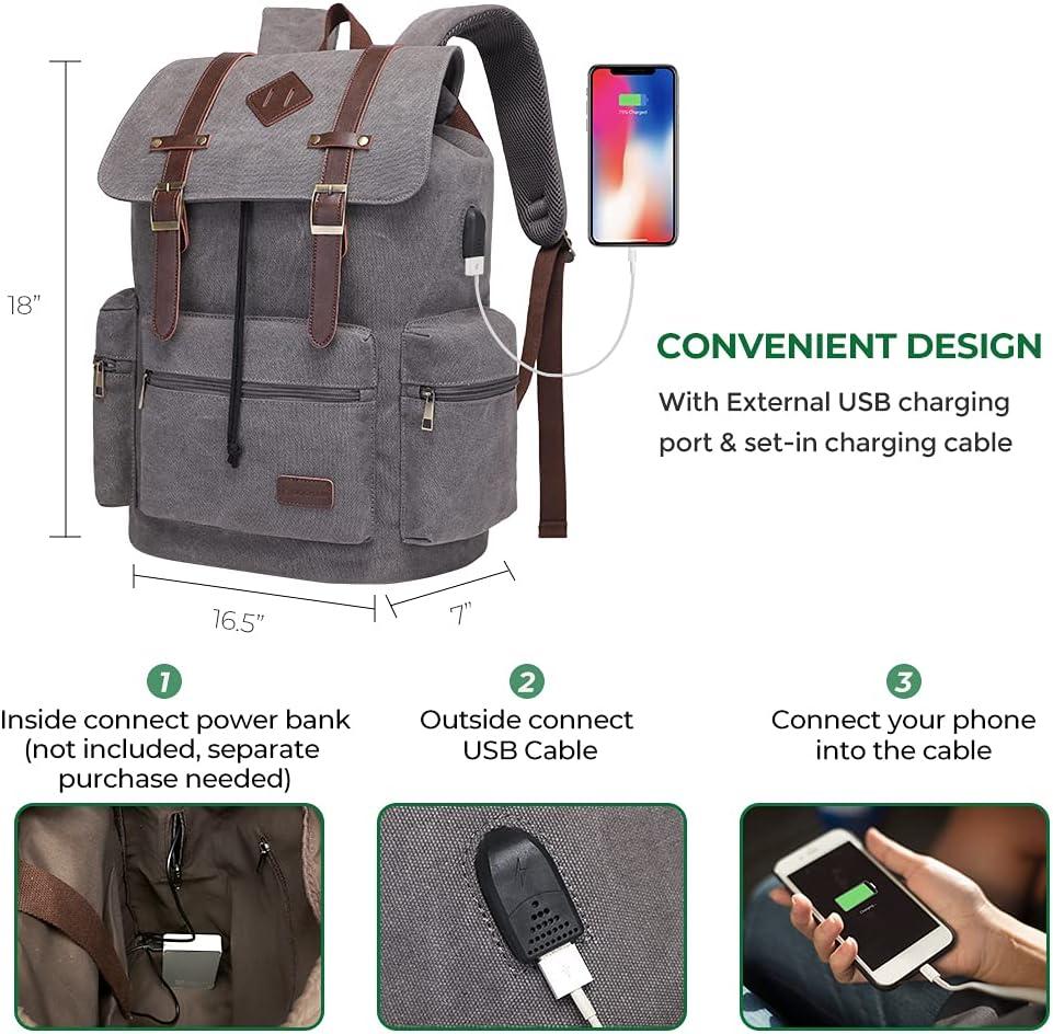 imageModoker Vintage Rucksack Backpack for Men Women 17 Inch Laptop Backpack  Travel or Work Bookbag Fits Computer ampamp Tablet Canvas Fashion Daypack with USB Charging Port in GreyGrey