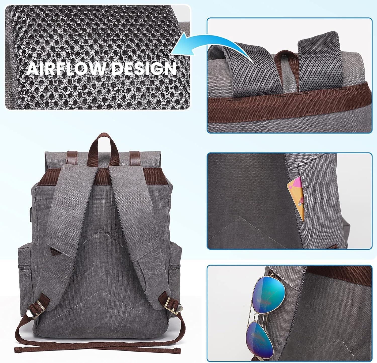 imageModoker Vintage Rucksack Backpack for Men Women 17 Inch Laptop Backpack  Travel or Work Bookbag Fits Computer ampamp Tablet Canvas Fashion Daypack with USB Charging Port in GreyGrey
