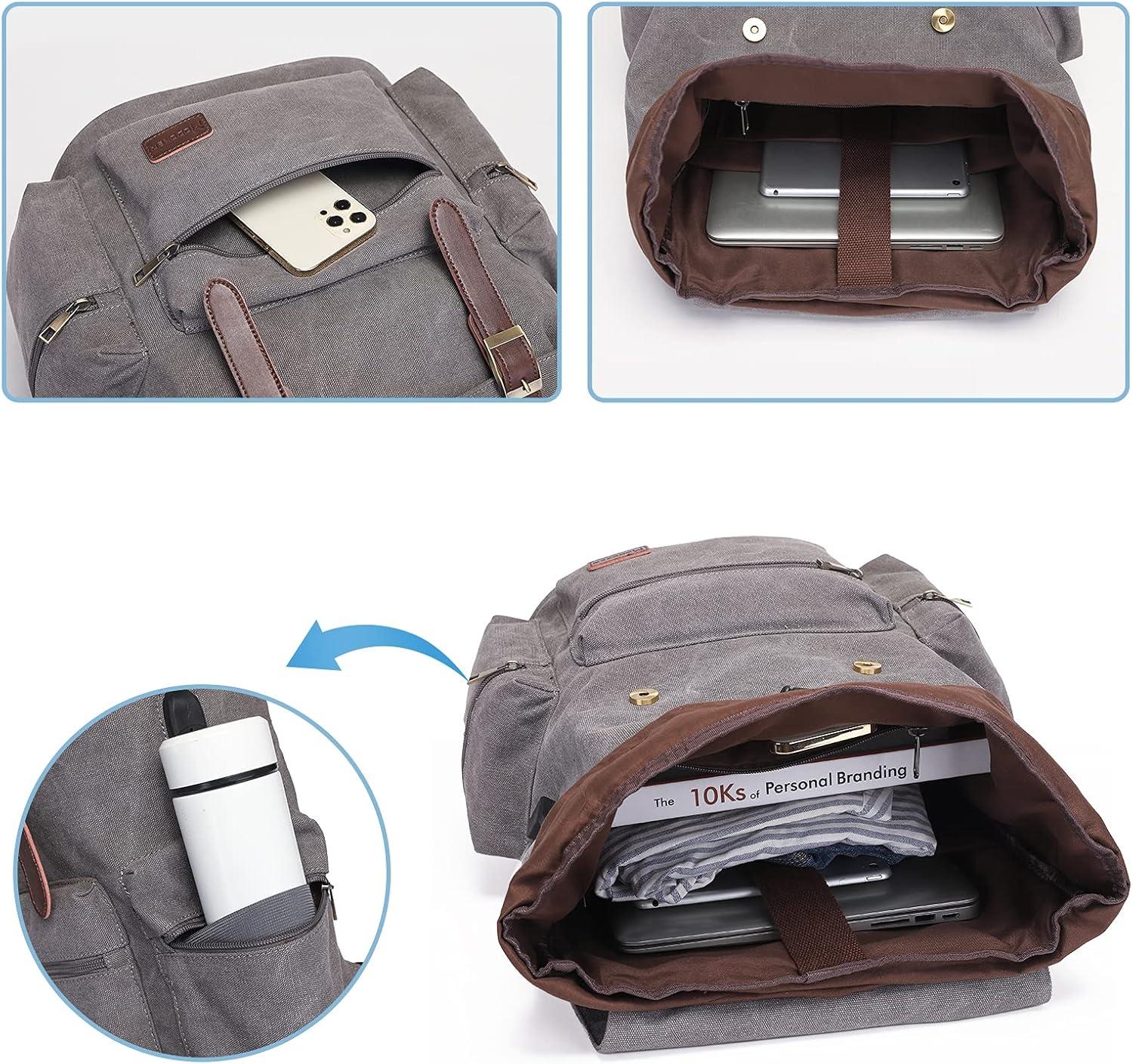 imageModoker Vintage Rucksack Backpack for Men Women 17 Inch Laptop Backpack  Travel or Work Bookbag Fits Computer ampamp Tablet Canvas Fashion Daypack with USB Charging Port in GreyGrey