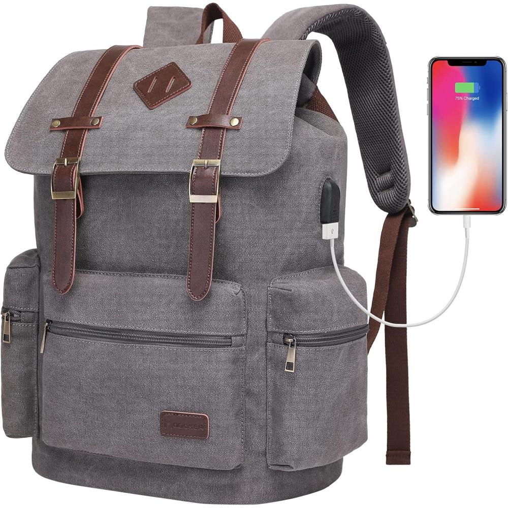 imageModoker Vintage Rucksack Backpack for Men Women 17 Inch Laptop Backpack  Travel or Work Bookbag Fits Computer ampamp Tablet Canvas Fashion Daypack with USB Charging Port in GreyGrey