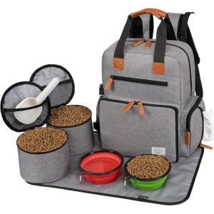 imageModoker Dog Travel Bag  Airline Approved Backpack for Pet Accessories Organizer Tote Weekend Bag with 2 Dog Food Containers 2 Collapsible Bowls 1 Pet Mat BlackGrey