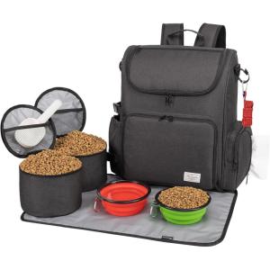 imageModoker Dog Travel Bag Backpack Airline Approved Pet Accessories Organizer for Dog and Cat with Shoulder Strap 2 Dog Food Storage Containers 2 Collapsible Dog Bowls1 Pet Mat GreyBlack