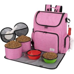 imageModoker Dog Travel Bag Backpack Airline Approved Pet Accessories Organizer for Dog and Cat with Shoulder Strap 2 Dog Food Storage Containers 2 Collapsible Dog Bowls1 Pet Mat GreyPink