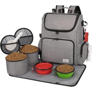 imageModoker Dog Travel Bag Backpack Airline Approved Pet Accessories Organizer for Dog and Cat with Shoulder Strap 2 Dog Food Storage Containers 2 Collapsible Dog Bowls1 Pet Mat GreyGrey