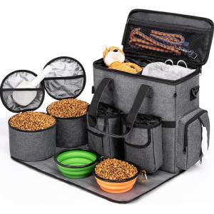 imageModoker Dog Travel Bag Backpack Airline Approved Pet Accessories Organizer for Dog and Cat with Shoulder Strap 2 Dog Food Storage Containers 2 Collapsible Dog Bowls1 Pet Mat GreyCharcoal Grey